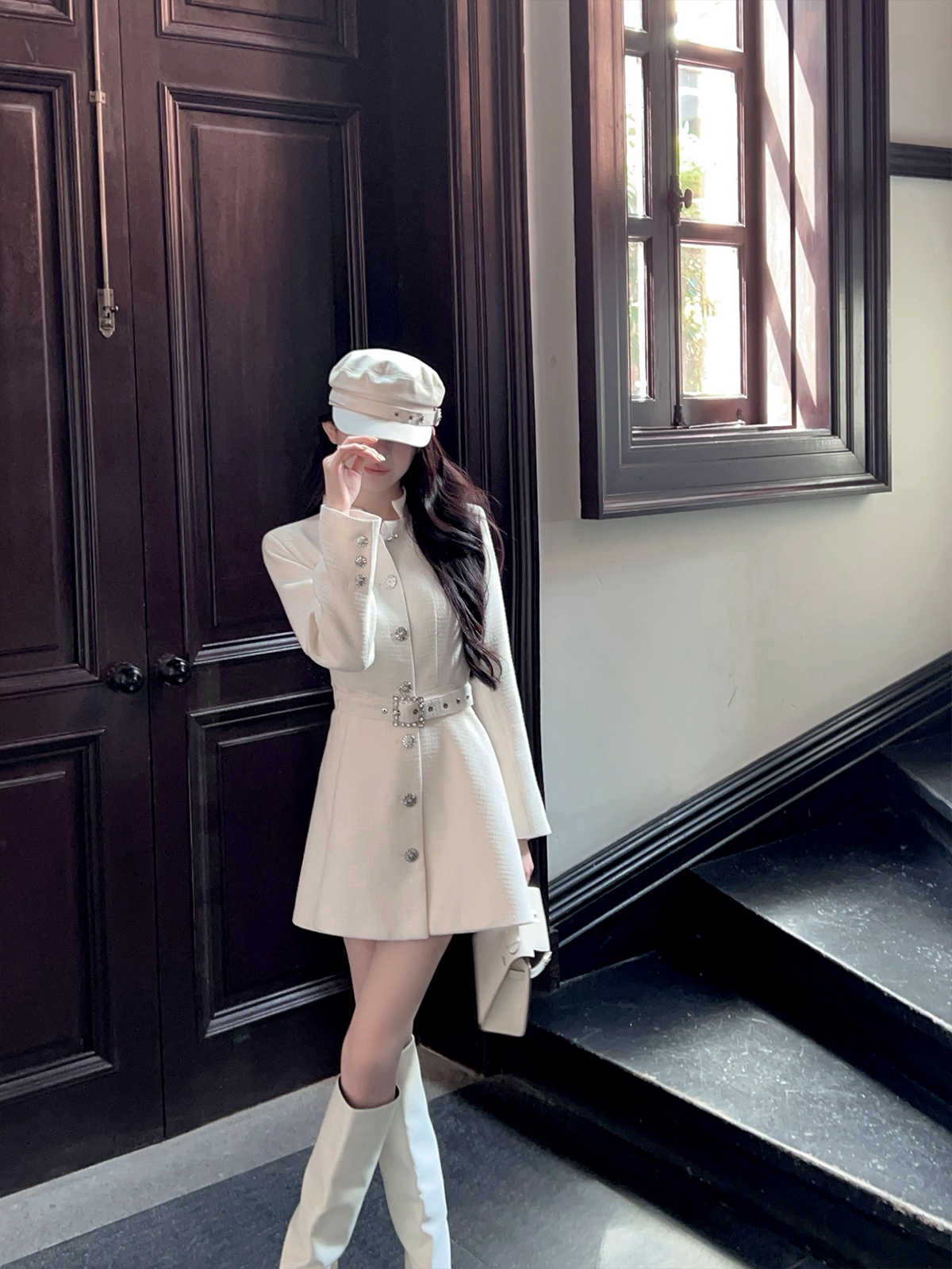 Mid-Length Waist-Cinching White Woolen Coat with Stand Collar for Women - Autumn Winter Fashion Outerwear Mid-Length Waist-Cinching White Woolen Coat with Stand Collar for Women - Autumn Winter Fashion Outerwear