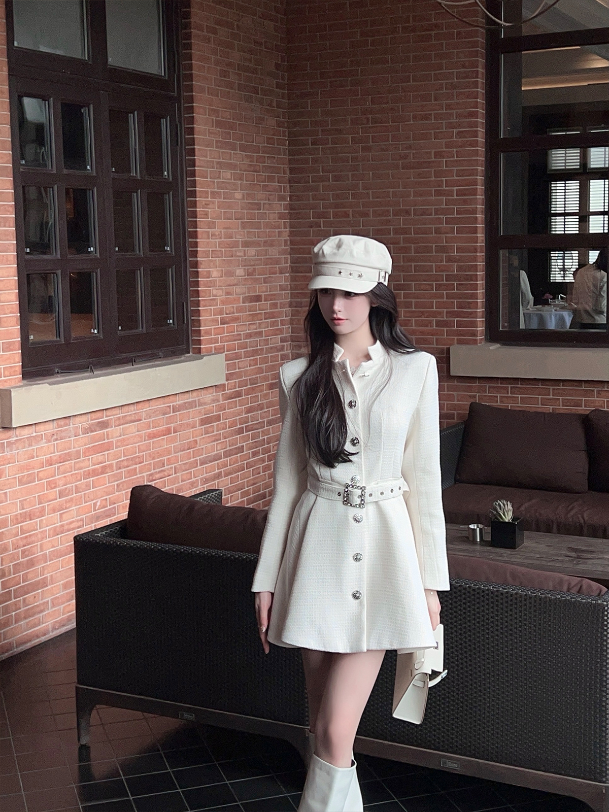 Mid-Length Waist-Cinching White Woolen Coat with Stand Collar for Women - Autumn Winter Fashion Outerwear Mid-Length Waist-Cinching White Woolen Coat with Stand Collar for Women - Autumn Winter Fashion Outerwear