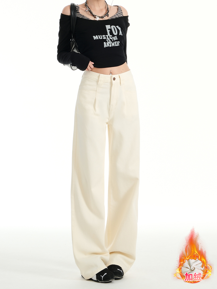Milk Apricot Pleated Fleece Wide-Leg Jeans for Women â€“ High-Waisted, Loose-Fitting, Versatile Straight-Leg Pants for Autumn & Winter, Petite Sizes
