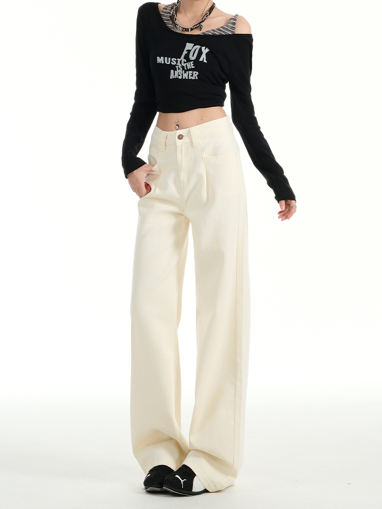 Milk Apricot Pleated Fleece Wide-Leg Jeans for Women – High-Waisted, Loose-Fitting, Versatile Straight-Leg Pants for Autumn & Winter, Petite Sizes Milk Apricot Pleated Fleece Wide-Leg Jeans for Women – High-Waisted, Loose-Fitting, Versatile Straight-Leg Pants for Autumn & Winter, Petite Sizes