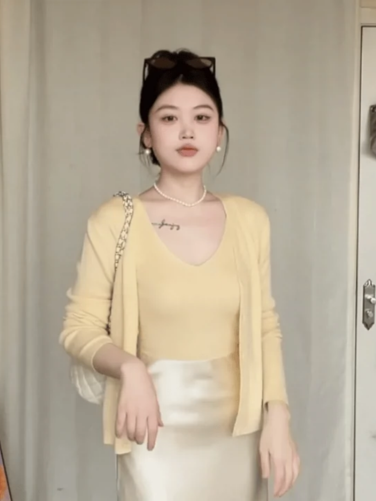 Milk Yellow Knitted Cardigan for Women - Spring Slim Fit Flattering Short Sweater Top Two-Piece Set, Perfect for Stylish Layering Milk Yellow Knitted Cardigan for Women - Spring Slim Fit Flattering Short Sweater Top Two-Piece Set, Perfect for Stylish Layering