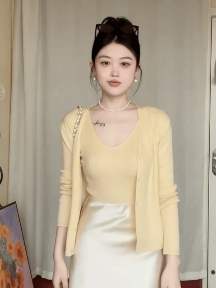 Milk Yellow Knitted Cardigan for Women - Spring Slim Fit Flattering Short Sweater Top Two-Piece Set, Perfect for Stylish Layering