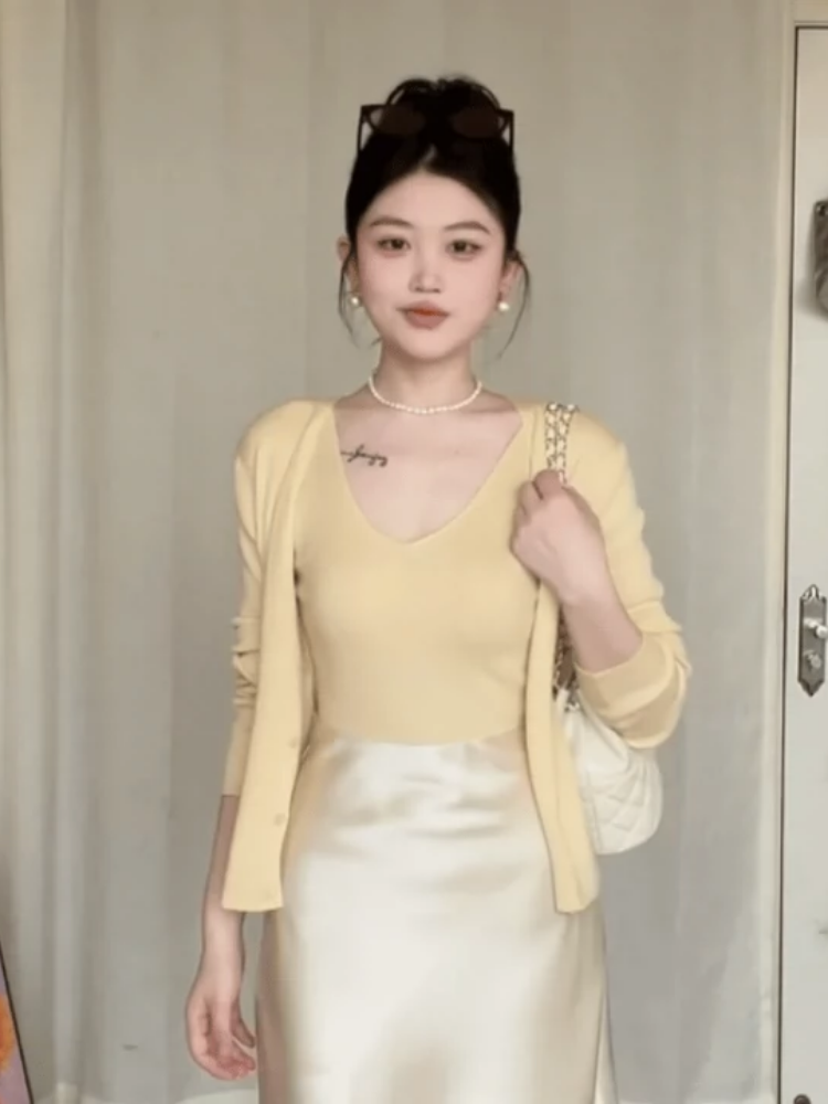 Milk Yellow Knitted Cardigan for Women - Spring Slim Fit Flattering Short Sweater Top Two-Piece Set, Perfect for Stylish Layering Milk Yellow Knitted Cardigan for Women - Spring Slim Fit Flattering Short Sweater Top Two-Piece Set, Perfect for Stylish Layering