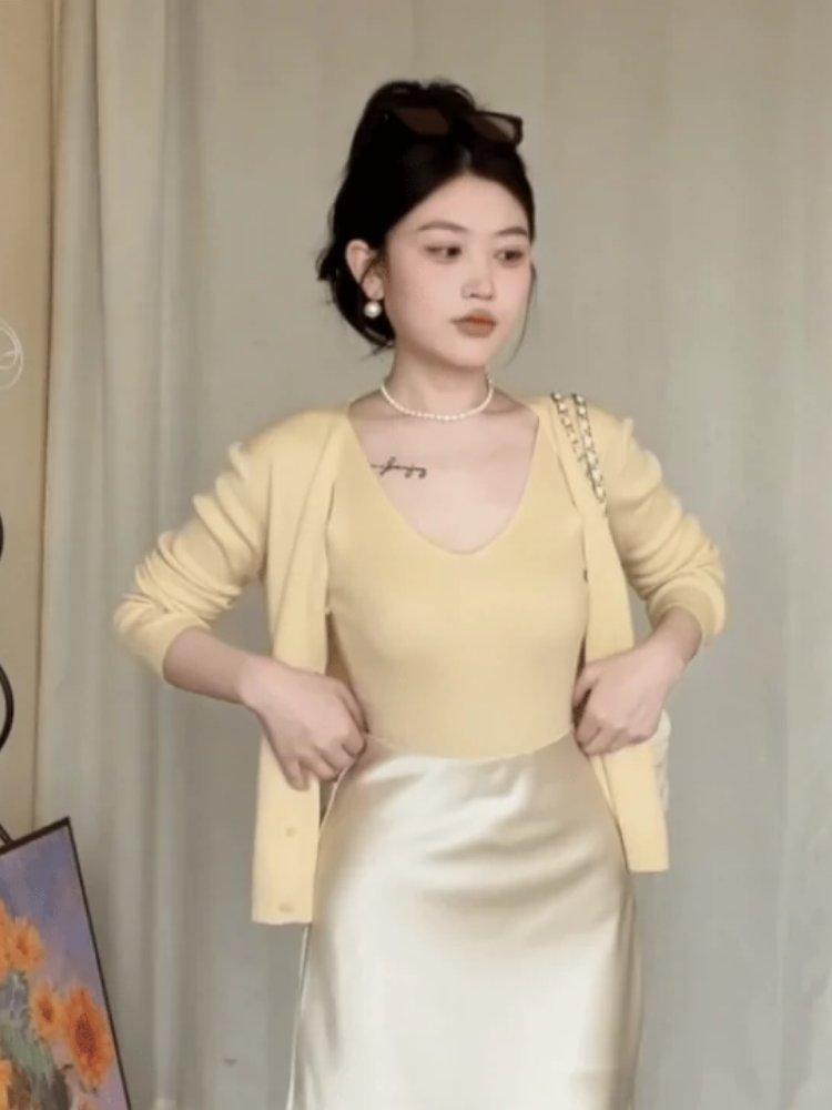 Milk Yellow Knitted Cardigan for Women - Spring Slim Fit Flattering Short Sweater Top Two-Piece Set, Perfect for Stylish Layering Milk Yellow Knitted Cardigan for Women - Spring Slim Fit Flattering Short Sweater Top Two-Piece Set, Perfect for Stylish Layering