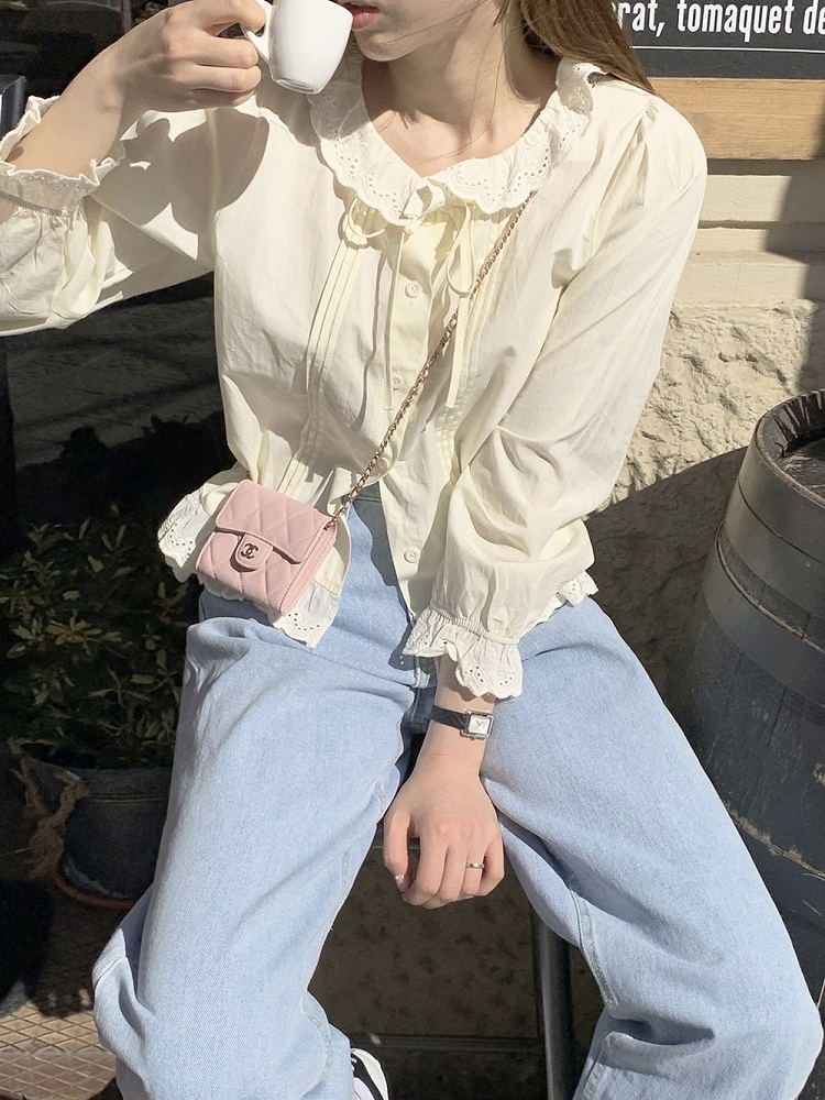 Milk Yellow Ruffled Bubble Shirt with Crochet Lace Top - Korean Style Trendy Blouse for a Chic Y2K Look Milk Yellow Ruffled Bubble Shirt with Crochet Lace Top - Korean Style Trendy Blouse for a Chic Y2K Look