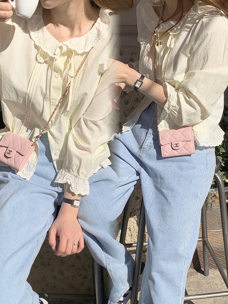 Milk Yellow Ruffled Bubble Shirt with Crochet Lace Top - Korean Style Trendy Blouse for a Chic Y2K Look