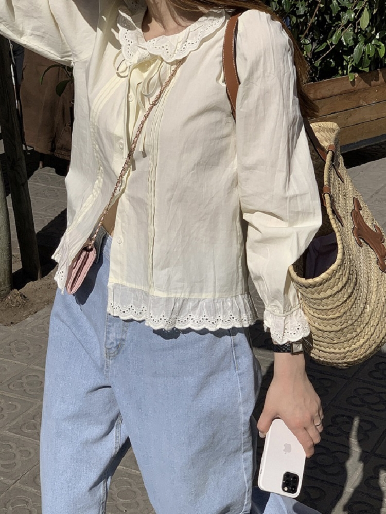 Milk Yellow Ruffled Bubble Shirt with Crochet Lace Top - Korean Style Trendy Blouse for a Chic Y2K Look Milk Yellow Ruffled Bubble Shirt with Crochet Lace Top - Korean Style Trendy Blouse for a Chic Y2K Look