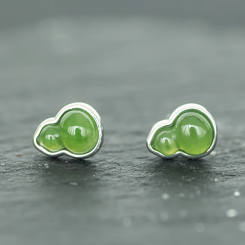 Minimalist 925 Silver Hetian Jade Gourd Stud Earrings - Vintage-Inspired Delicate Jewelry Gift for Mother's Day Minimalist 925 Silver Hetian Jade Gourd Stud Earrings - Vintage-Inspired Delicate Jewelry Gift for Mother's Day