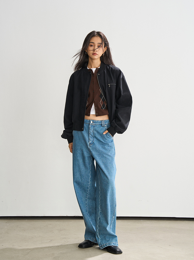 Minimalist Black Cotton Baseball Jacket for Women - Versatile Short Padded Coat, Perfect for Casual 90s and Y2K Style Minimalist Black Cotton Baseball Jacket for Women - Versatile Short Padded Coat, Perfect for Casual 90s and Y2K Style