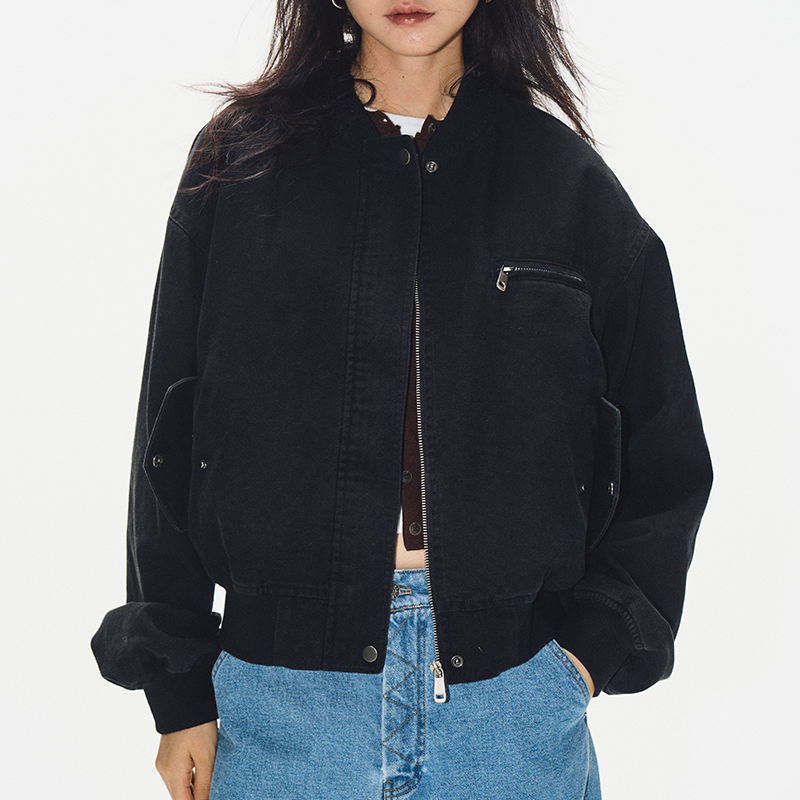 Minimalist Black Cotton Baseball Jacket for Women - Versatile Short Padded Coat, Perfect for Casual 90s and Y2K Style