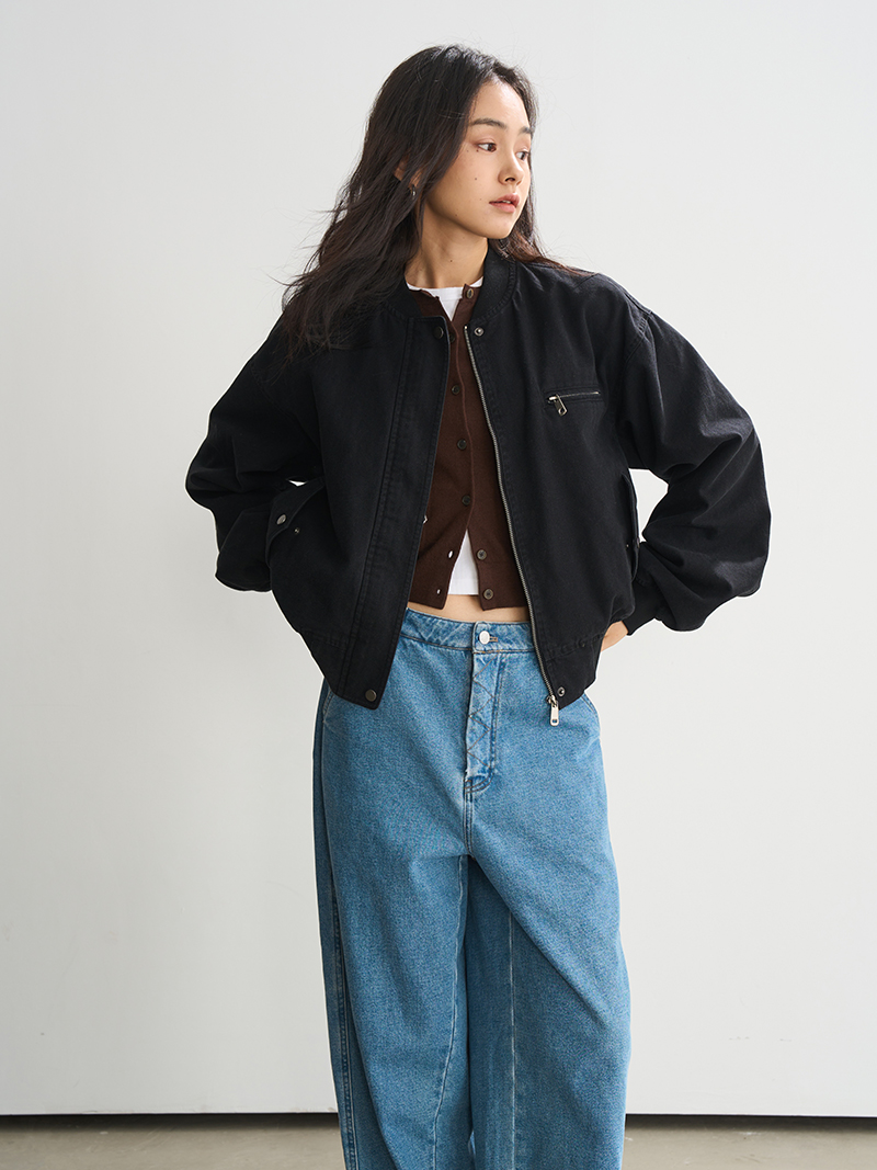 Minimalist Black Cotton Baseball Jacket for Women - Versatile Short Padded Coat, Perfect for Casual 90s and Y2K Style Minimalist Black Cotton Baseball Jacket for Women - Versatile Short Padded Coat, Perfect for Casual 90s and Y2K Style