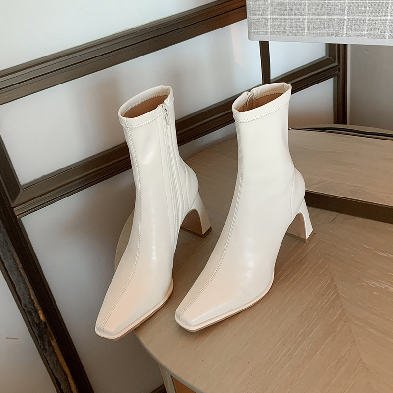 Minimalist Chunky Heel High-Heeled Elastic Short Boots for Women - Square Toe Slim Fit 2025 Trendy Style