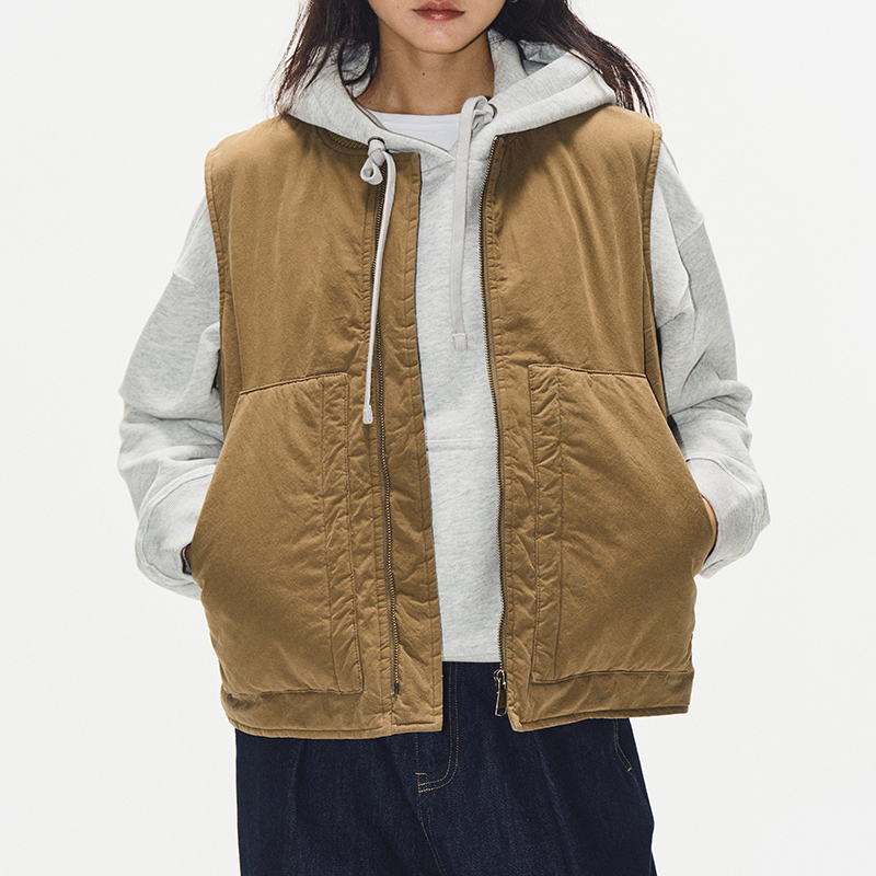 Minimalist Cotton Vest for Women - Layered Sleeveless Workwear Jacket in Pickled Mustard Yellow for Autumn Winter Fashion