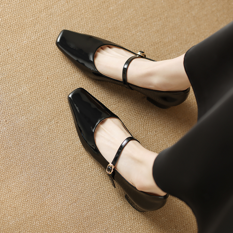 Minimalist French Square-Toe Black Low-Heeled One-Strap Mary Jane Shoes for Women - Genuine Leather Flats Minimalist French Square-Toe Black Low-Heeled One-Strap Mary Jane Shoes for Women - Genuine Leather Flats
