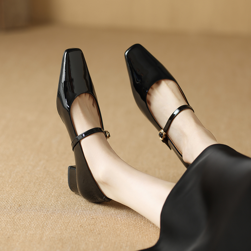 Minimalist French Square-Toe Black Low-Heeled One-Strap Mary Jane Shoes for Women - Genuine Leather Flats