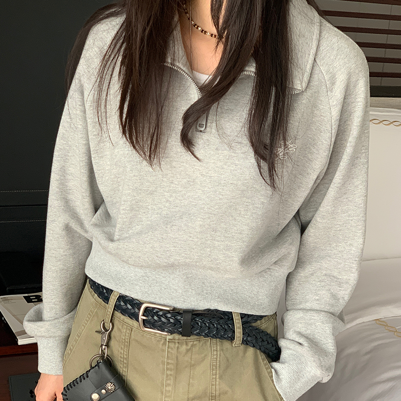 Minimalist Gray Half-Zip Sweatshirt for Women - Casual Long Sleeve Top for Autumn 2025, American Style Fashion