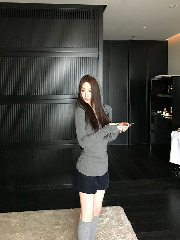 Minimalist Hooded Knitted T-Shirt for Women - Slim Fit Long Sleeve Top, Spring Fashion Essential