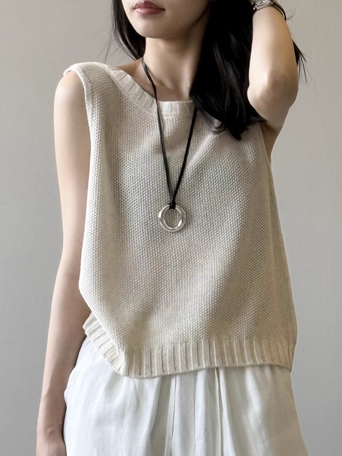 Minimalist Linen Knitted Hollow Vest for Women - 2025 Summer Back Button Sleeveless Cardigan Top