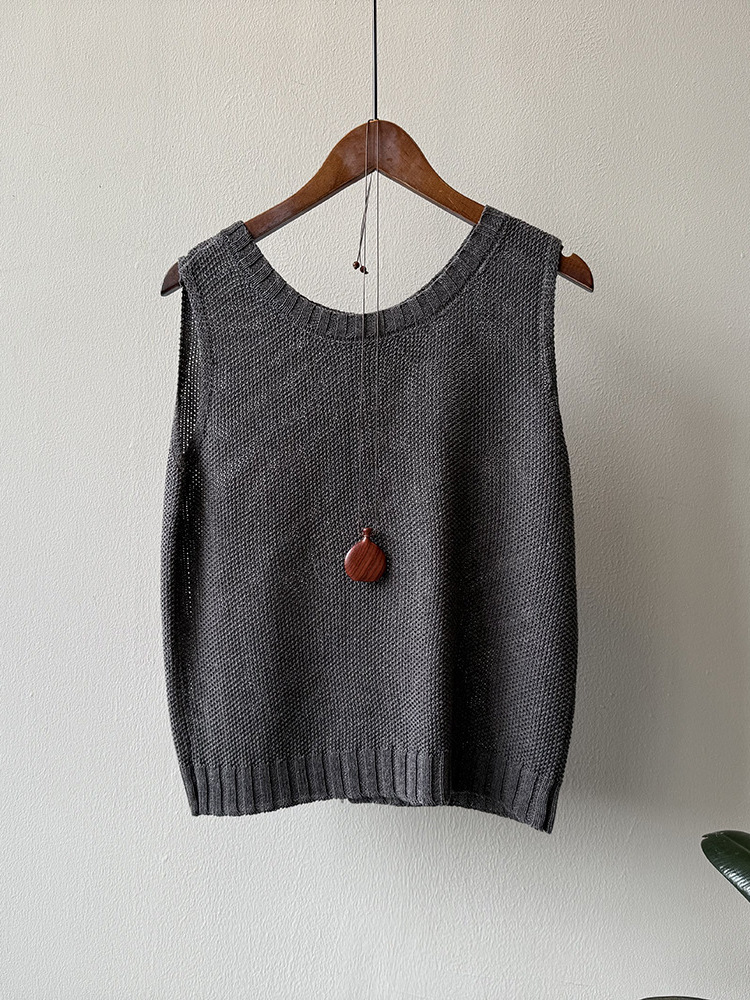 Minimalist Linen Knitted Hollow Vest for Women - 2025 Summer Back Button Sleeveless Cardigan Top Minimalist Linen Knitted Hollow Vest for Women - 2025 Summer Back Button Sleeveless Cardigan Top