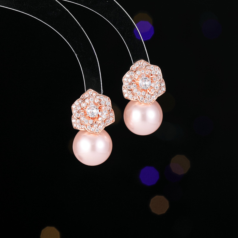 Minimalist Pearl Stud Earrings for Women, Vintage S925 Silver Drop Earrings with Sparkly Rhinestone Camellia Detail, Elegant Style Minimalist Pearl Stud Earrings for Women, Vintage S925 Silver Drop Earrings with Sparkly Rhinestone Camellia Detail, Elegant Style