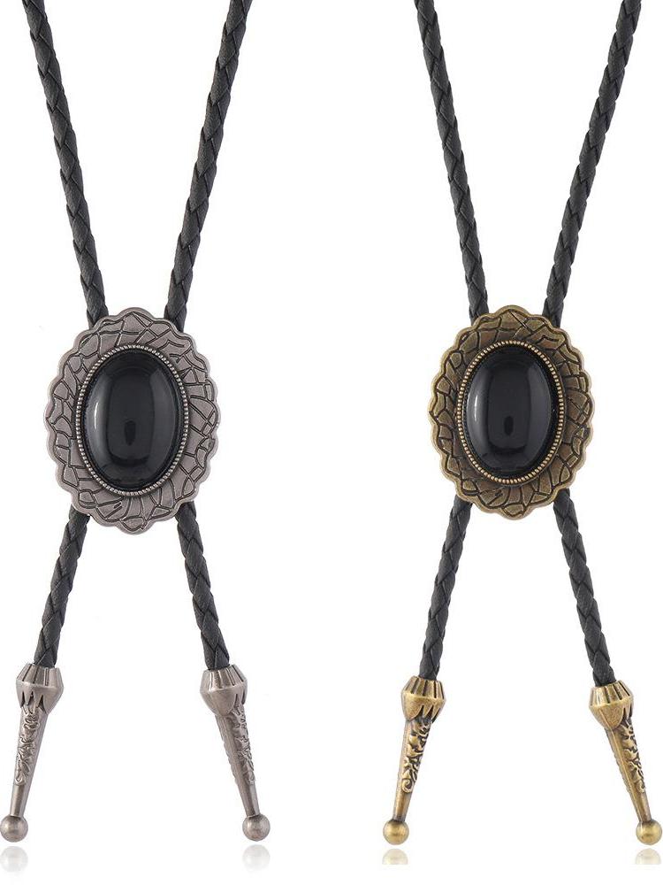 Minimalist Retro Western Cowboy Bow Tie Adjustable Men's Long PU Leather Necklace - Vintage Style Accessory for Unique Looks