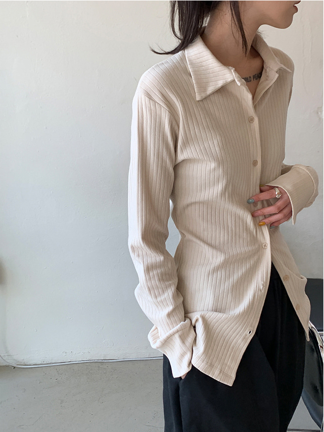 Minimalist Slim Fit Square Neck Long Sleeve Shirt for Women with Vertical Stripe Design - Versatile & Slimming Fashion Top