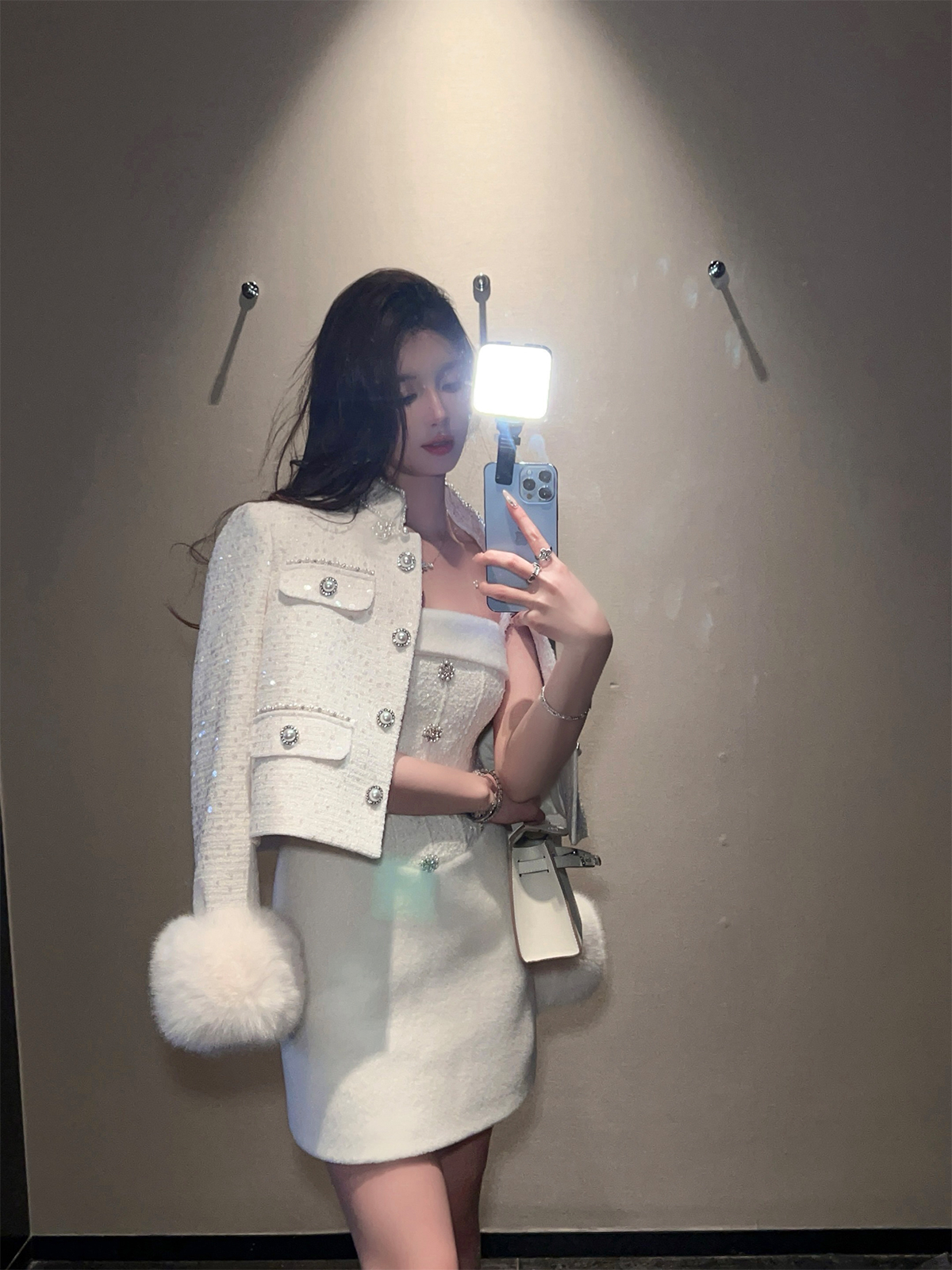 Mink Velvet White Woolen Suspender Dress for Autumn Winter - Heavy-Duty Fitted Short Skirt, Cozy Layering Essential