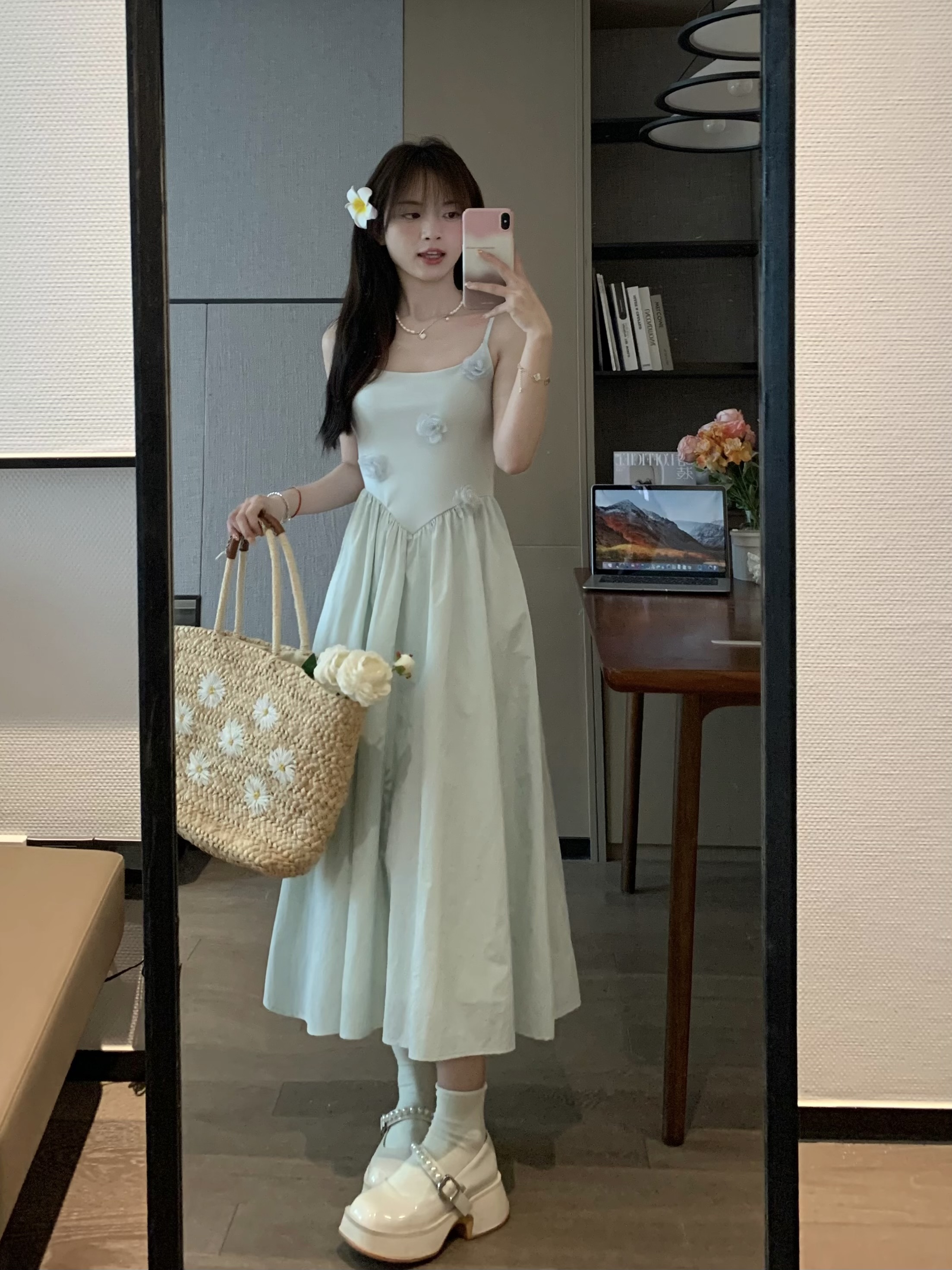 Mint Green Camisole Long Dress with Waist-Cinching Slimming Effect for Summer - Elegant, Lightweight, Perfect for 90s and Y2K Style