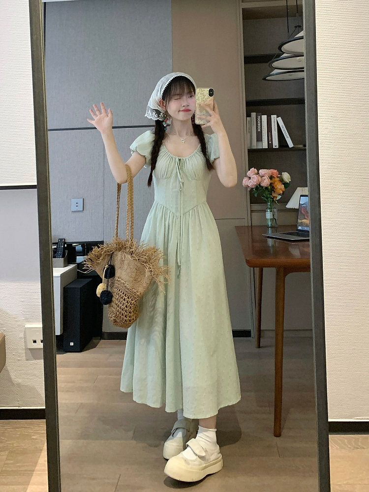 Mint Green Minimalist High-End Short Sleeve Dress for Summer - Sweet Momo Style, Perfect for Casual Outings and Y2K Fashion Trends