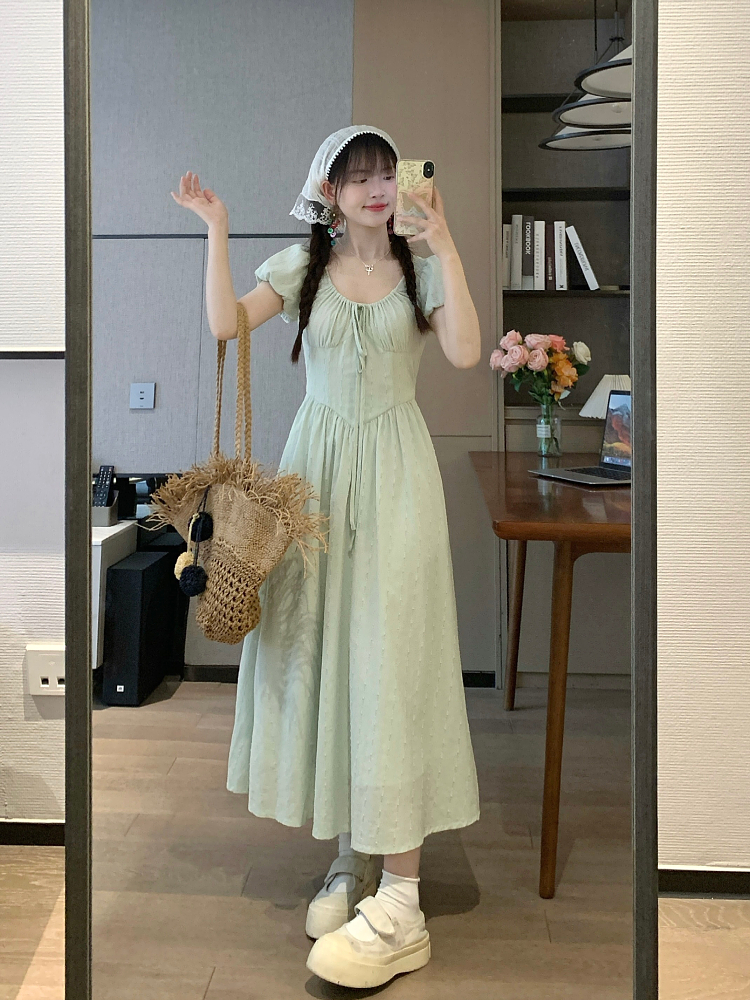 Mint Green Minimalist High-End Short Sleeve Dress for Summer - Sweet Momo Style, Perfect for Casual Outings and Y2K Fashion Trends Mint Green Minimalist High-End Short Sleeve Dress for Summer - Sweet Momo Style, Perfect for Casual Outings and Y2K Fashion Trends