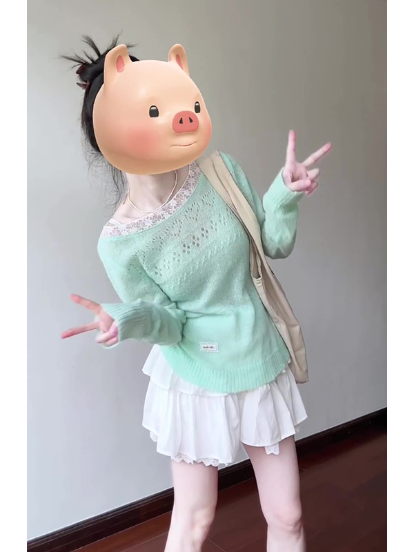 Mint Green Sheer Long Sleeve T-Shirt for Women, Mambo Lace Patchwork Hollow-Out Design, Relaxed Spring Style Top Mint Green Sheer Long Sleeve T-Shirt for Women, Mambo Lace Patchwork Hollow-Out Design, Relaxed Spring Style Top