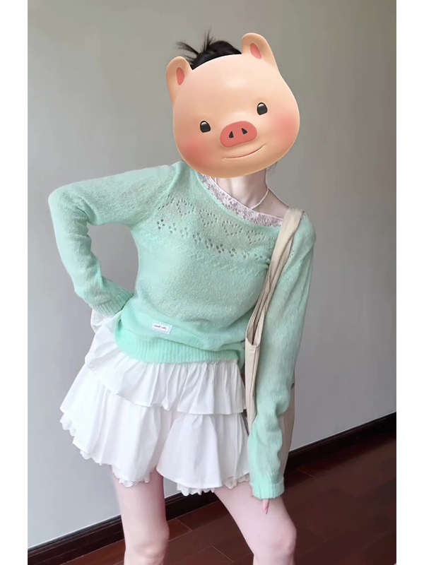 Mint Green Sheer Long Sleeve T-Shirt for Women, Mambo Lace Patchwork Hollow-Out Design, Relaxed Spring Style Top Mint Green Sheer Long Sleeve T-Shirt for Women, Mambo Lace Patchwork Hollow-Out Design, Relaxed Spring Style Top