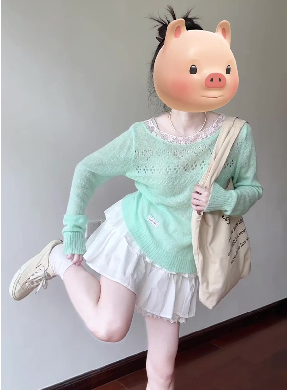 Mint Green Sheer Long Sleeve T-Shirt for Women, Mambo Lace Patchwork Hollow-Out Design, Relaxed Spring Style Top Mint Green Sheer Long Sleeve T-Shirt for Women, Mambo Lace Patchwork Hollow-Out Design, Relaxed Spring Style Top