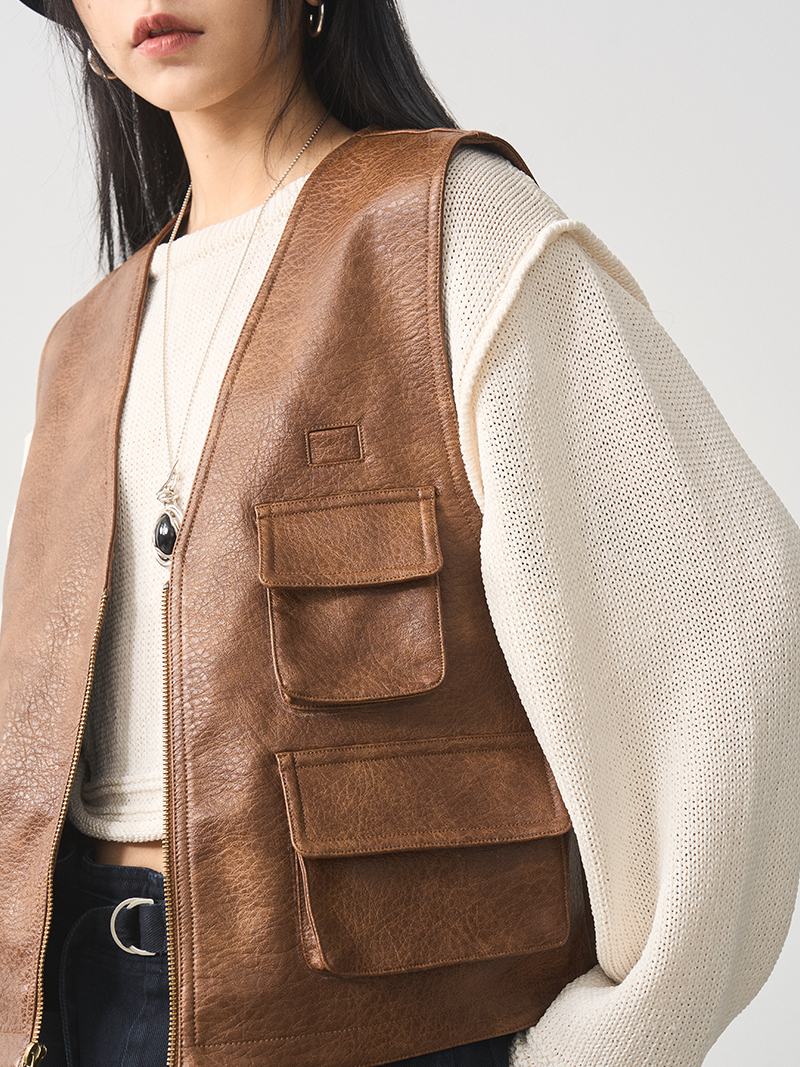 Multi-Pocket V-Neck Leather Vest in Coffee Color - Women's PU Leather Waistcoat Outerwear, Trendy 90s Style Fashion