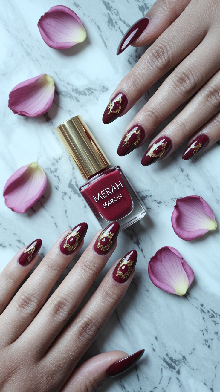 nail art merah maroon outfit idea