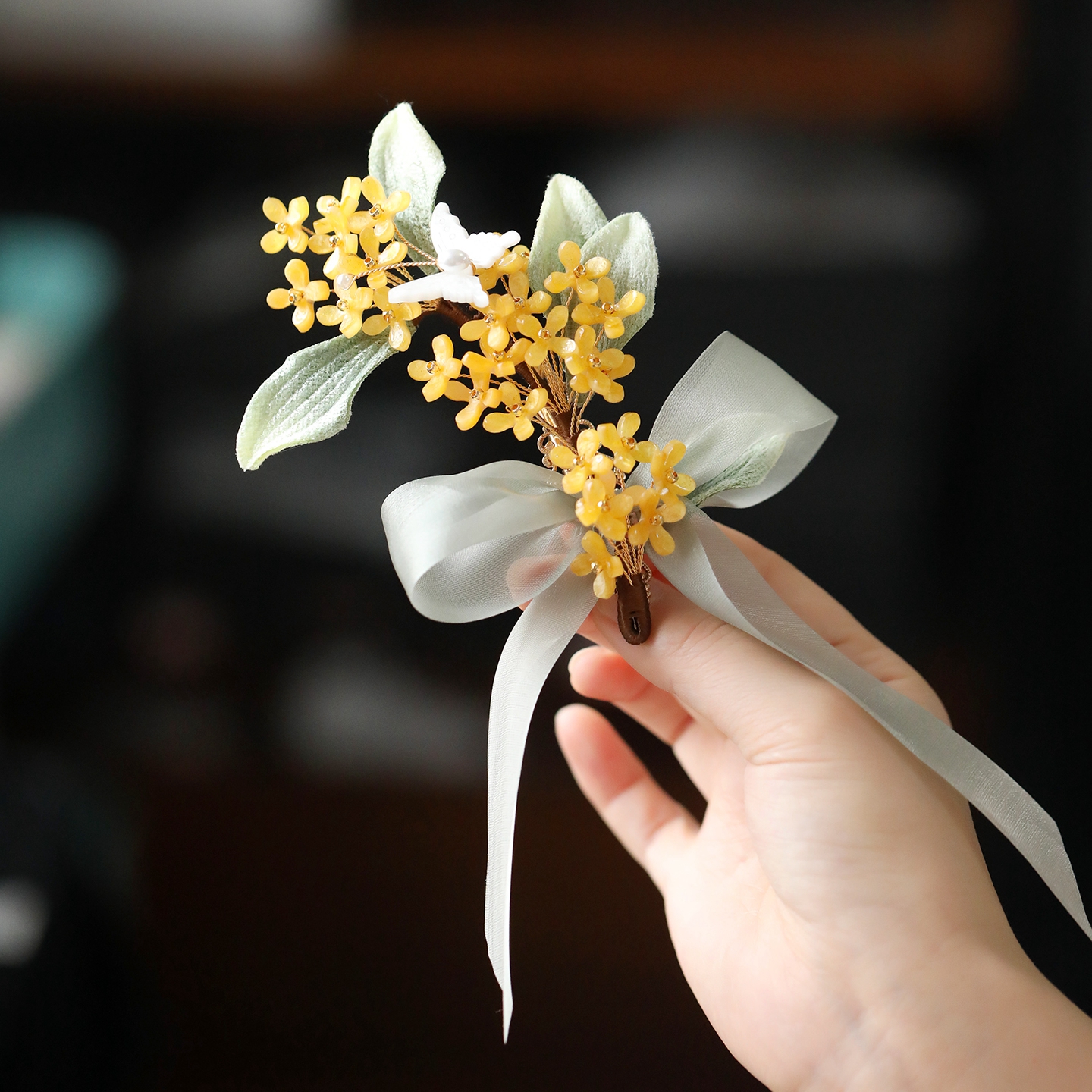 National Style Sweet Girl Hair Accessories - Osmanthus Long Ribbons Side Hair Clips for Hanfu and Ancient Style Looks