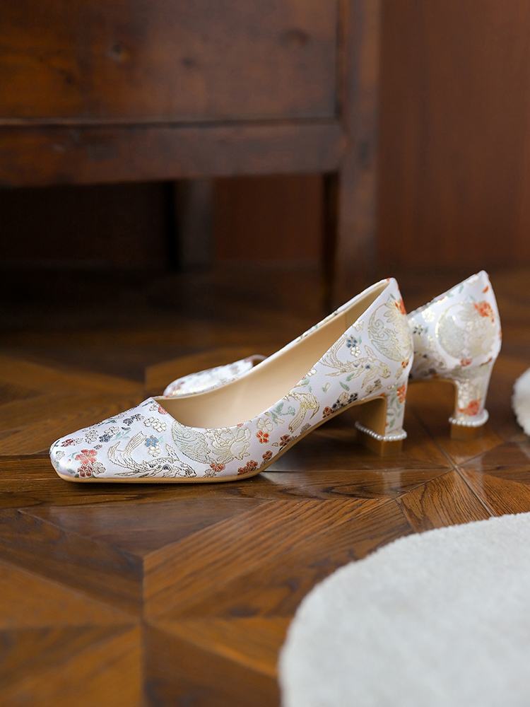 National Style Wedding Shoes for Chinese Brides - Comfortable Chunky Heel Qipao Shoes for Mother of the Bride