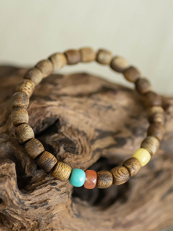 Natural Agarwood Bracelet for Women, Genuine Anshen Wood, Nanhong, Turquoise & Beeswax, Chinese Style Fashion Accessory