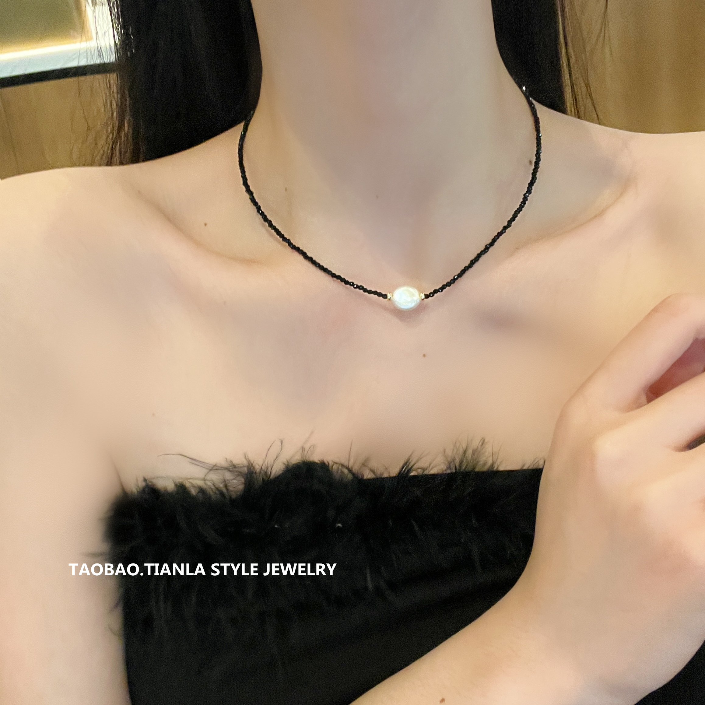 Natural Baroque Pearl Necklace for Women, Summer Light Luxury Black Crystal Choker, Versatile Niche Ins Style Natural Baroque Pearl Necklace for Women, Summer Light Luxury Black Crystal Choker, Versatile Niche Ins Style