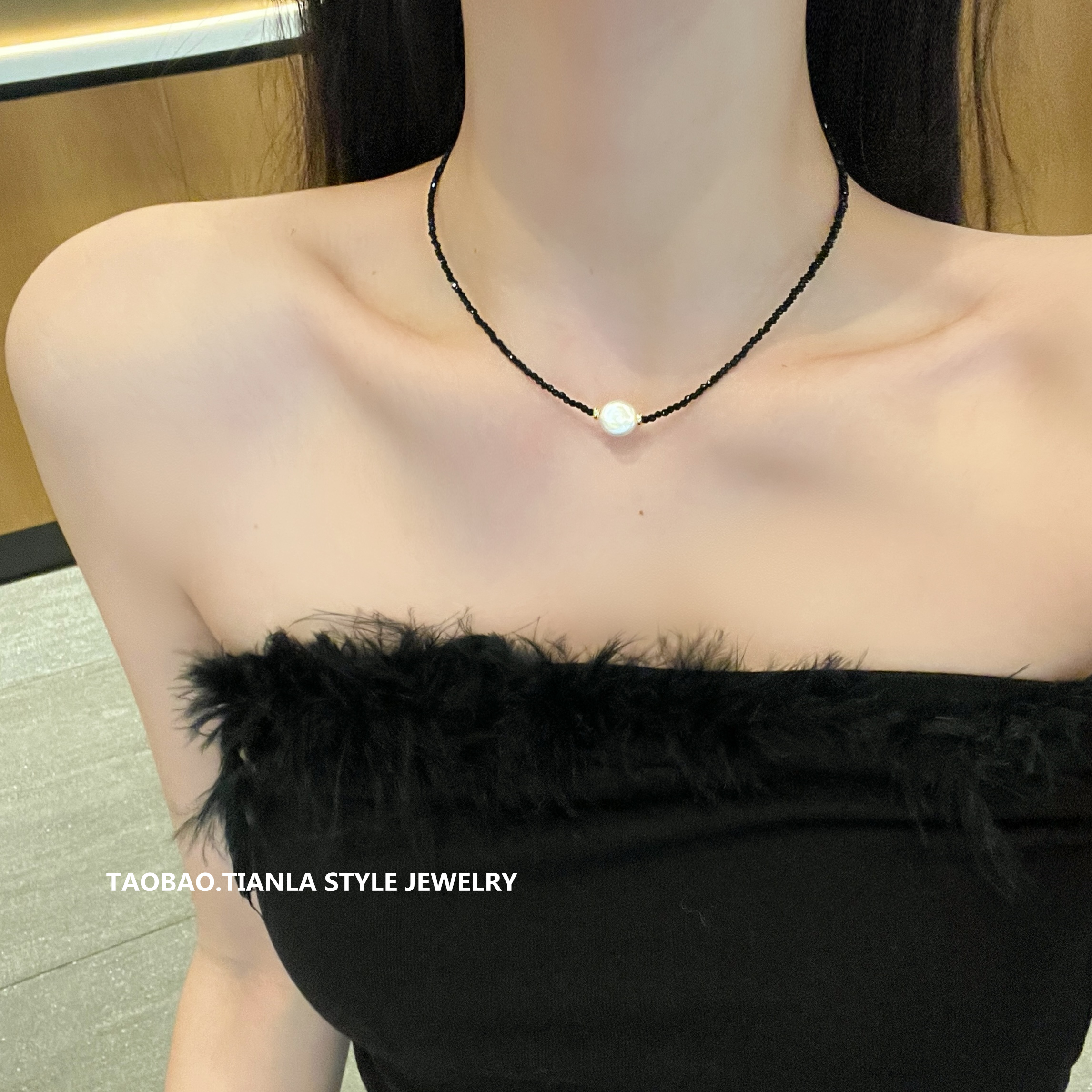 Natural Baroque Pearl Necklace for Women, Summer Light Luxury Black Crystal Choker, Versatile Niche Ins Style Natural Baroque Pearl Necklace for Women, Summer Light Luxury Black Crystal Choker, Versatile Niche Ins Style