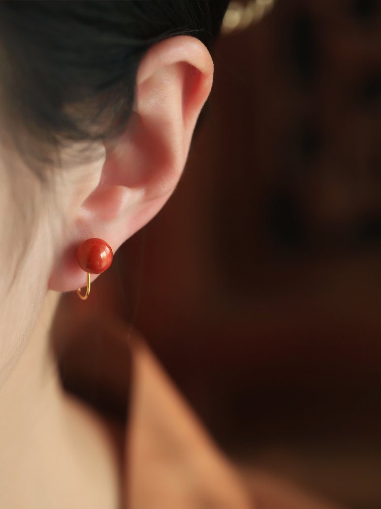Natural Cinnabar Pure Silver Earrings for Women - Chinese Style Red Retro Ear Clips & Studs, Metaphysical Wealth Accessories