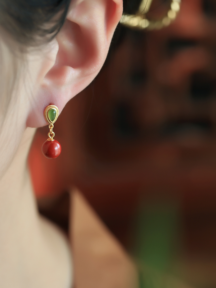 Natural Cinnabar Pure Silver Water Drop Earrings with Hetian Jade - Red Retro Light Luxury Ear Pendants for Women