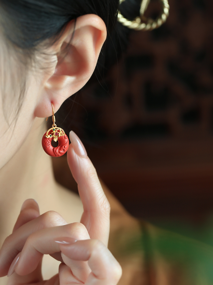 Natural Cinnabar Raw Stone Peace Buckle Silver Earrings for Women - Red Chinese Style National Wind Zodiac Year Ear Pendants