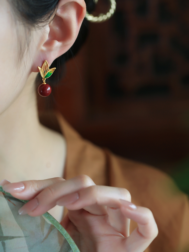 Natural Cinnabar Raw Stone Silver Enamel Bamboo Leaf Earrings for Women, Red Chinese Zodiac Year Drop Earrings, Ethnic Ear Accessories Natural Cinnabar Raw Stone Silver Enamel Bamboo Leaf Earrings for Women, Red Chinese Zodiac Year Drop Earrings, Ethnic Ear Accessories