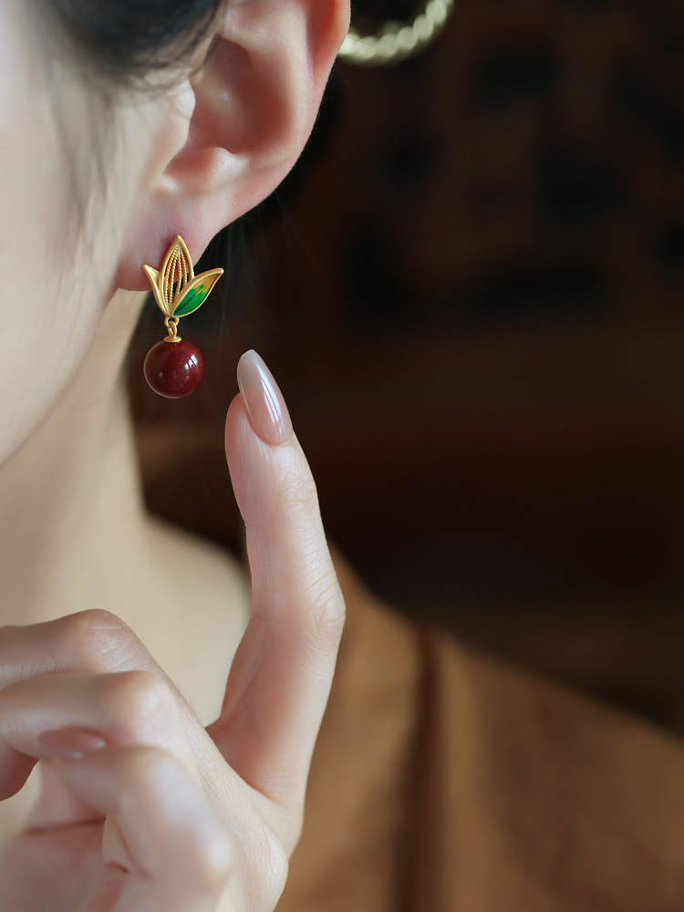 Natural Cinnabar Raw Stone Silver Enamel Bamboo Leaf Earrings for Women, Red Chinese Zodiac Year Drop Earrings, Ethnic Ear Accessories Natural Cinnabar Raw Stone Silver Enamel Bamboo Leaf Earrings for Women, Red Chinese Zodiac Year Drop Earrings, Ethnic Ear Accessories