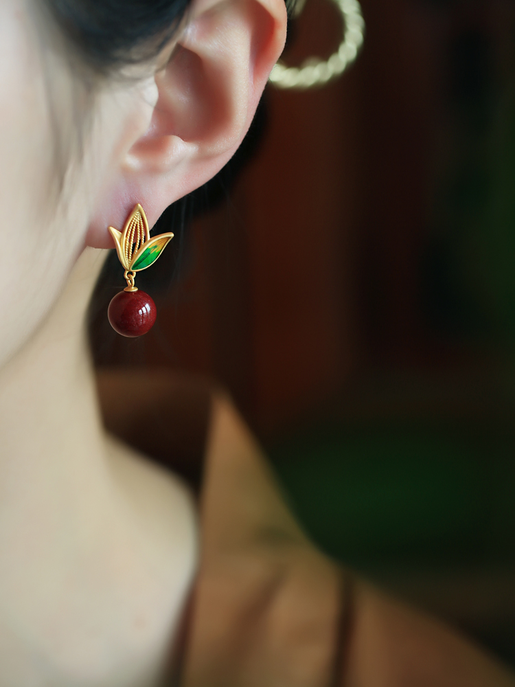 Natural Cinnabar Raw Stone Silver Enamel Bamboo Leaf Earrings for Women, Red Chinese Zodiac Year Drop Earrings, Ethnic Ear Accessories