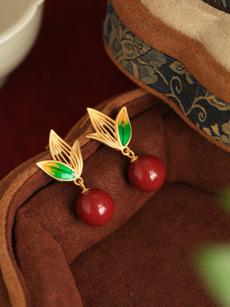 Natural Cinnabar Raw Stone Silver Enamel Bamboo Leaf Earrings for Women, Red Chinese Zodiac Year Drop Earrings, Ethnic Ear Accessories Natural Cinnabar Raw Stone Silver Enamel Bamboo Leaf Earrings for Women, Red Chinese Zodiac Year Drop Earrings, Ethnic Ear Accessories