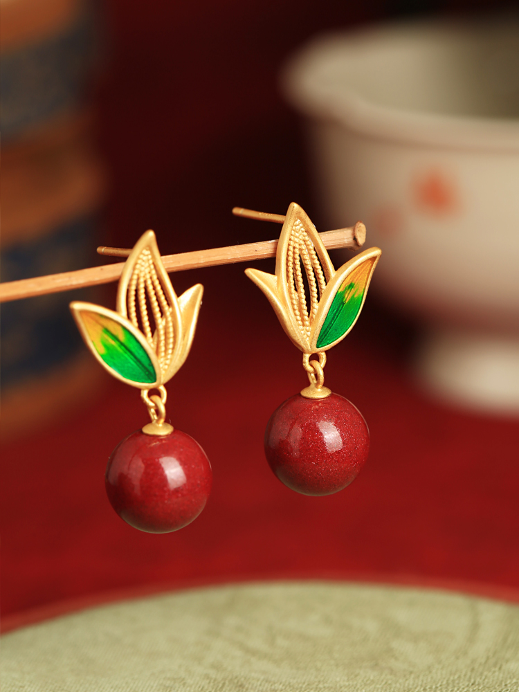 Natural Cinnabar Raw Stone Silver Enamel Bamboo Leaf Earrings for Women, Red Chinese Zodiac Year Drop Earrings, Ethnic Ear Accessories Natural Cinnabar Raw Stone Silver Enamel Bamboo Leaf Earrings for Women, Red Chinese Zodiac Year Drop Earrings, Ethnic Ear Accessories