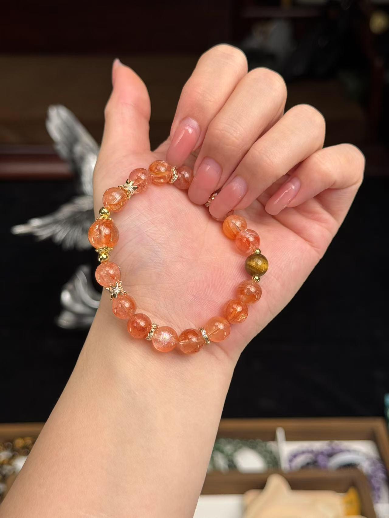 Natural Crystal Bracelet - Five Elements Generating Series with Red Flower, Red Flower Crystal, and Yellow Tiger's Eye, Boho Chic Style