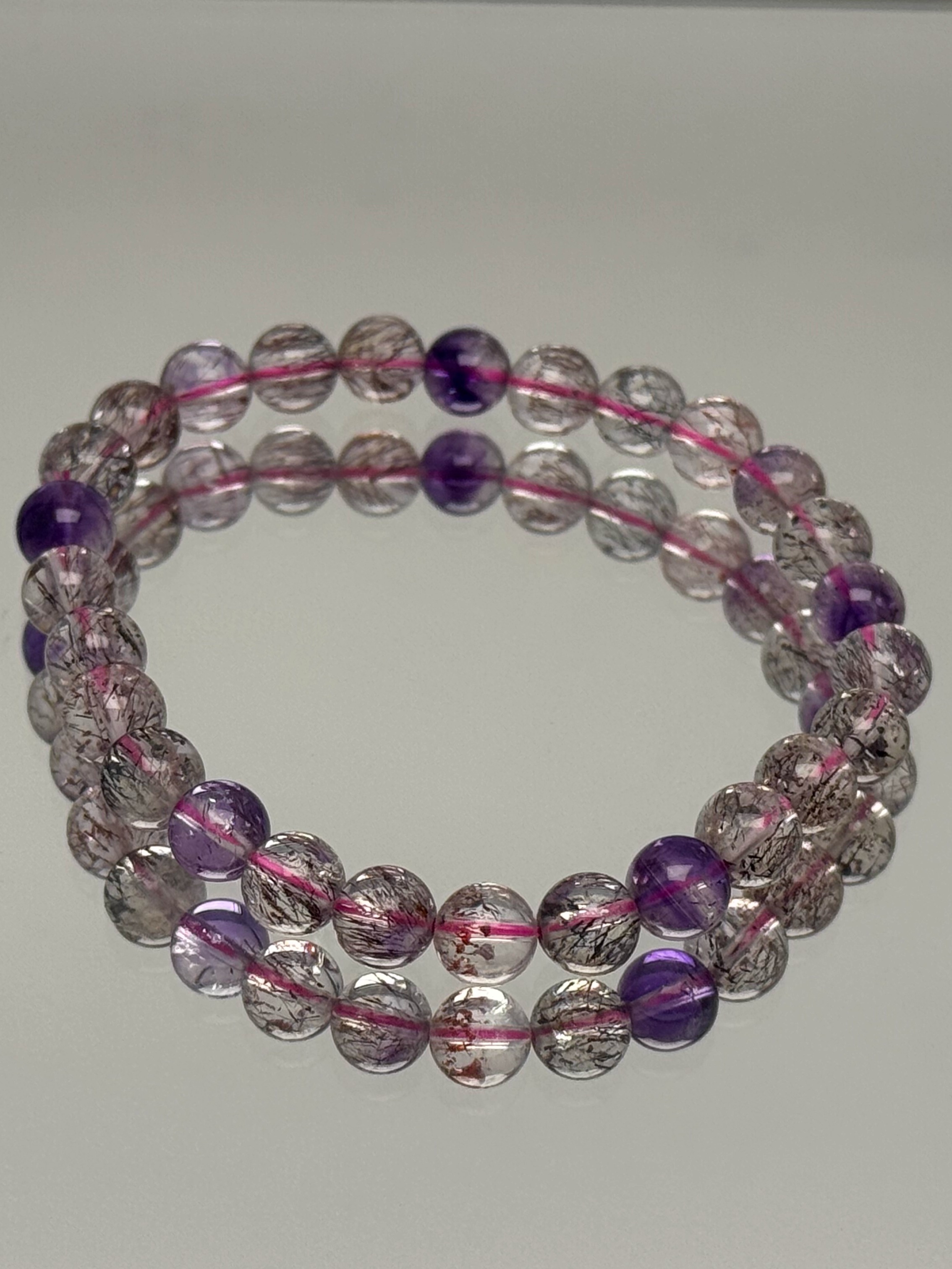 Natural Fairy Super Seven Crystal Bracelet with Purple Beads and Black Crystal Accents - Boho Chic Gemstone Jewelry